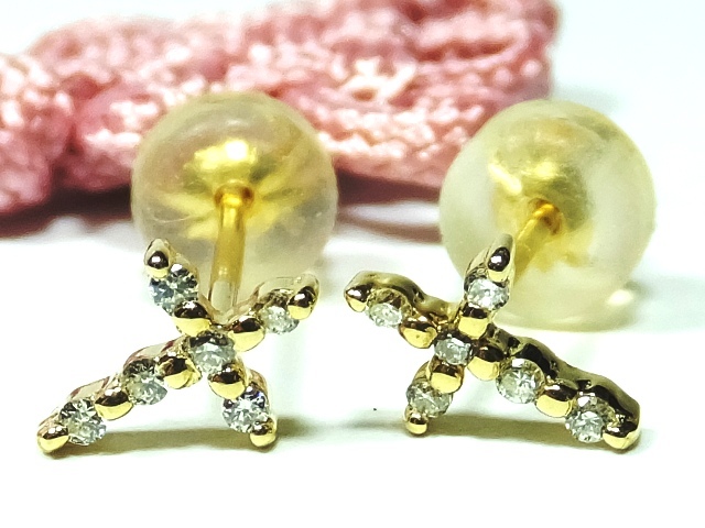 90-2◆K18ゴールド 普段使い デイリー着け 女性人気 ダイヤモンド クロス◆レディース 両耳スタッド ピアス ジュエリー インターネット通販拍卖