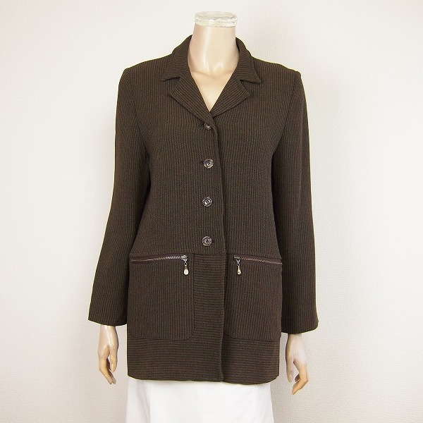 美品★レリアン*Leilian*ブラウン系*ストライプ織り地*ファスナーポケット*しなやかロングジャケット*11号.Lサイズ.40拍卖