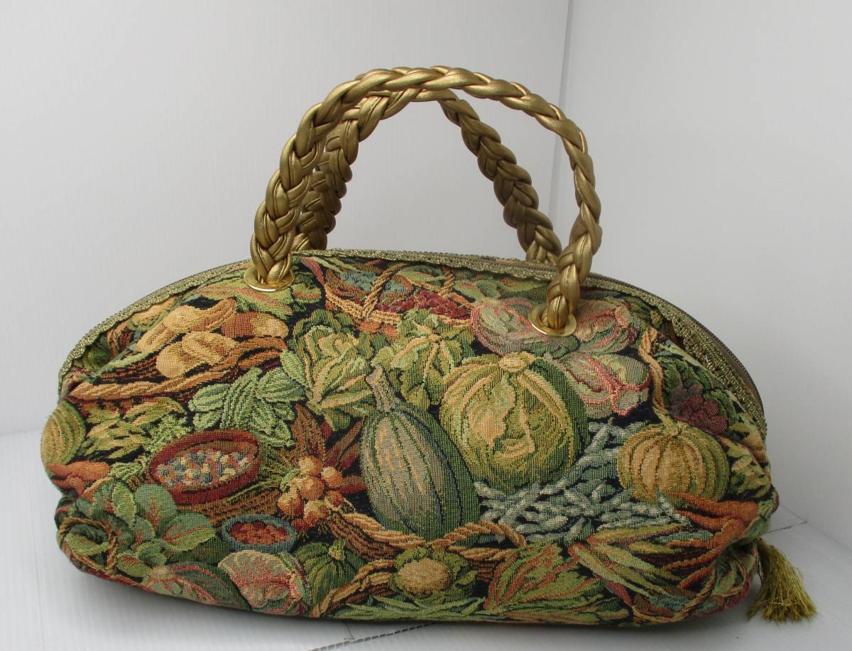 BA-80 金色くだもの・やさい柄刺繍ハンドバッグ 拍卖