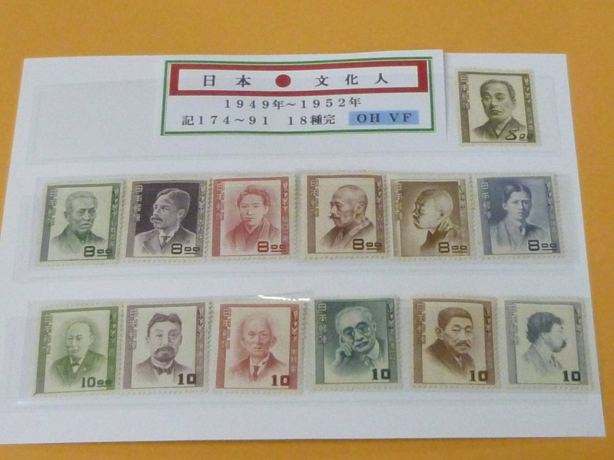23 S №9 日本切手 1949-52年 文化人 18種完の内 記175-91 計13種 未使用OH・VF 【型価 32,700円】 拍卖