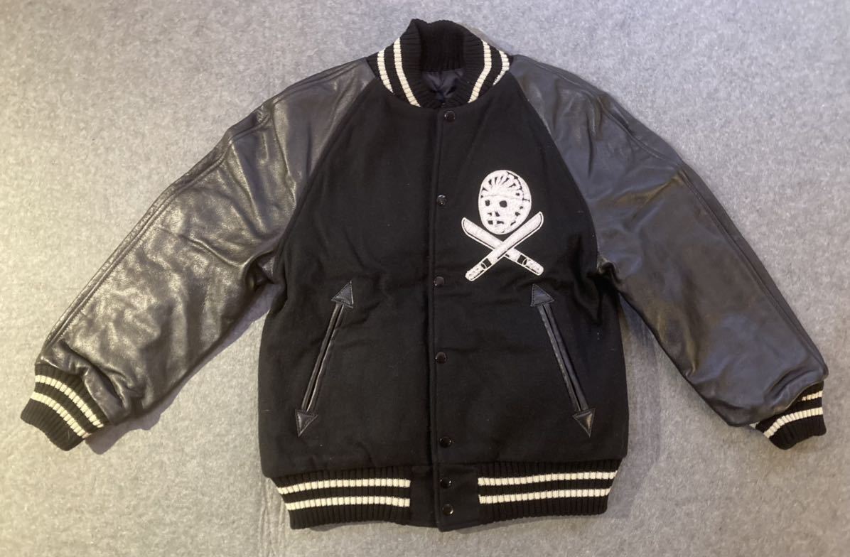 激レア! NO MEANS NO スカル骨チェーンステッチ刺繍 13日の金曜日 ジェイソン 袖革スタジャン 黒 36 スタジアムジャンパー ジェイソン拍卖