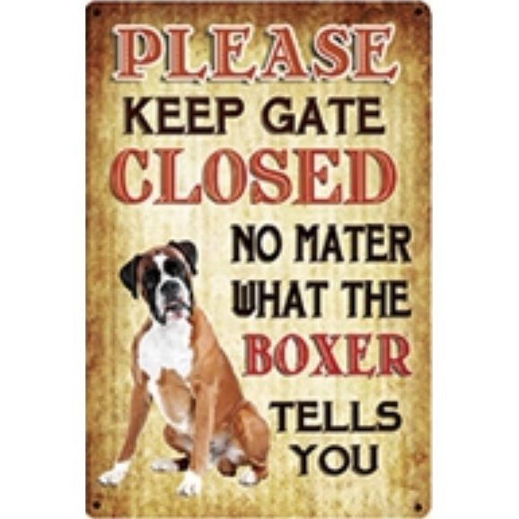 A2218 メタル サイン ブリキ 看板 金属 プレート 閉 門 扉 閉めて 注意 危険 防犯 店 動物 ペット 猛 犬 ボクサー【5042拍卖