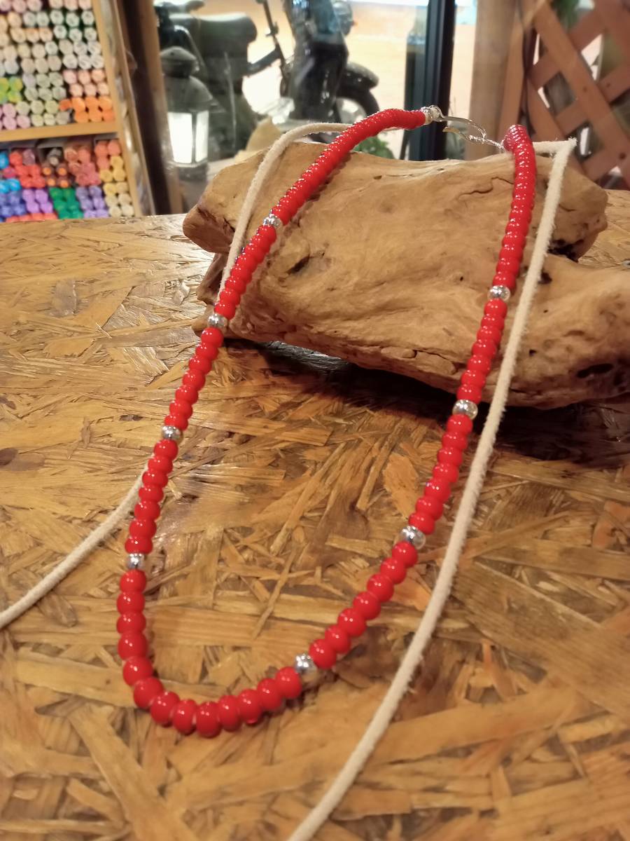 ホワイトハーツ,銀無垢ビーズ,ロングネックレス,ネックレス,吟なし鹿紐,シルバー925,オールドフック,55cm拍卖