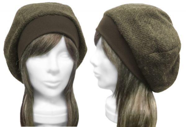 ハンドメイド◆リブ付ベレー帽◆ブークレーウールニット/オリーブ ◇ゆったりサイズ・小顔効果・寒い季節におすすめ(秋冬)◇拍卖
