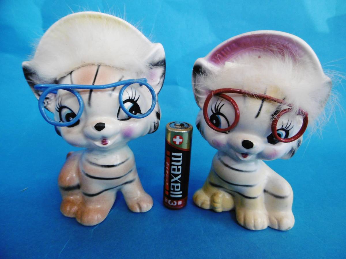 当時物★帽子/眼鏡/おしゃれ猫2点セット/陶製ファンシー雑貨/置物/昔昭和レトロ★拍卖