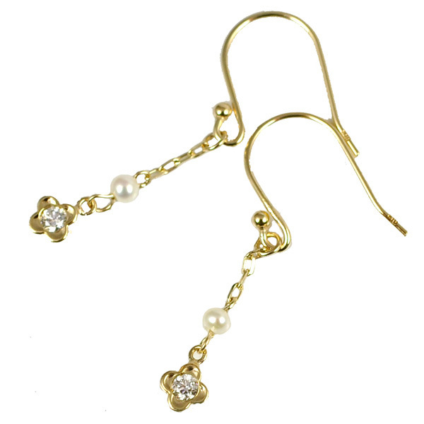 デザインピアス K10YG イエローゴールド ピアス 淡水パール キュービックジルコニア フラワー フック 両耳用 レディース ジュエリー拍卖