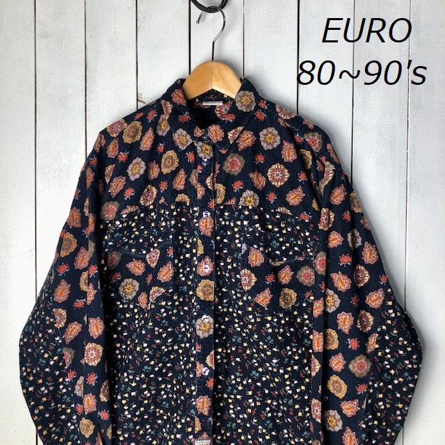 sh●437 EURO古着 80s~90s 総柄コーデュロイシャツ 176 濃紺 フランス古着 オールド ヴィンテージ ヨーロッパ ユーロ 花柄 ゆったり拍卖