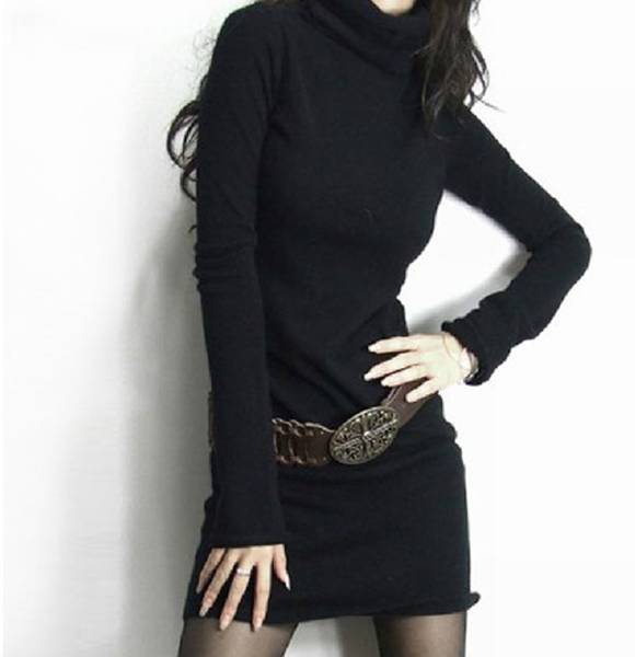 カシミヤレディースタートルネックロングセーター&チュニックM 黒拍卖