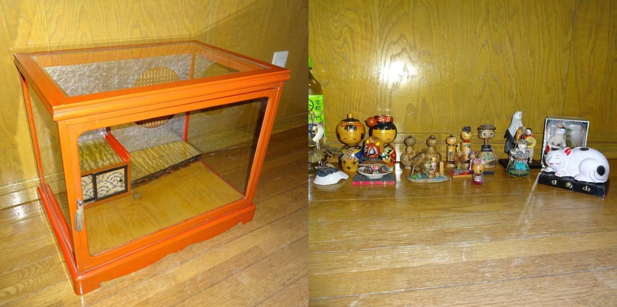 ガラス人形ケース付き「こけし」「置き物」17体 朱塗り4面人形ケース+こけし・置き物拍卖