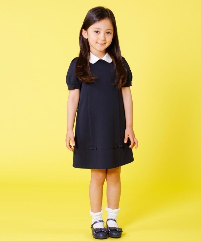 99 新品 ¥16500 組曲 クミキョク kumikyoku 110cm 襟付き フォーマル セレモニー 半袖 ワンピース 子供用 女の子 濃紺 ネイビー 白 紺拍卖