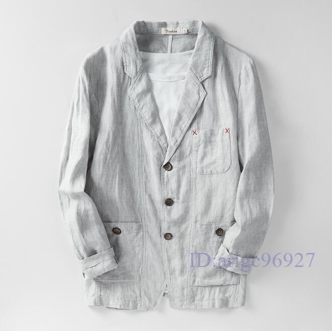 R802☆新品テーラードジャケット メンズ ブレザー リネン 日焼け止め 高級 スーツジャケット カジュアル 紳士服 ライトグレーM~3XL拍卖