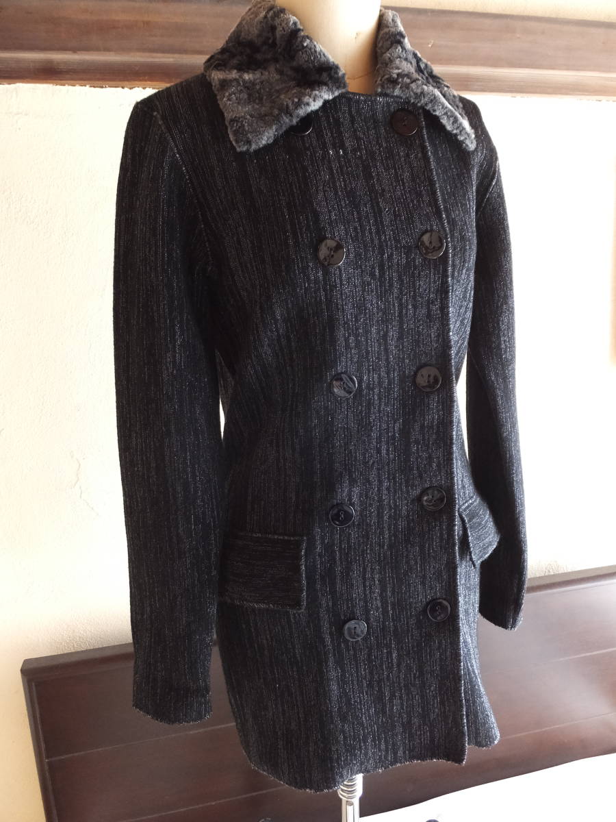 OLD■Jean Paul Gaultier ジャンポール ゴルチエ ファー襟付 ウール ニット コート サイズ40 美シルエット オールドビンテージ 黒銀拍卖