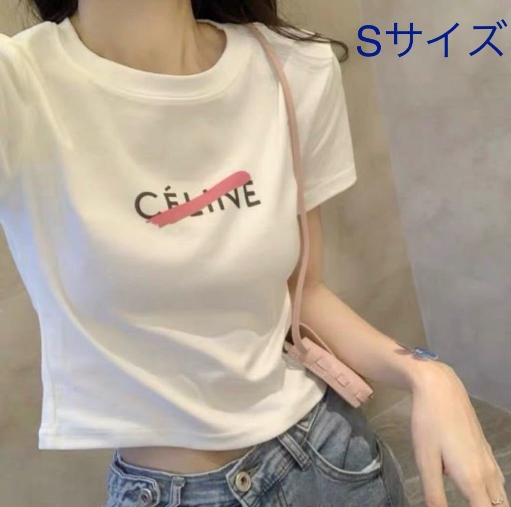 Sサイズ ネオンスラッシュロゴTシャツ クロップド 半袖 トップス ホワイト 白 yshopインポート 服 韓国 海外拍卖