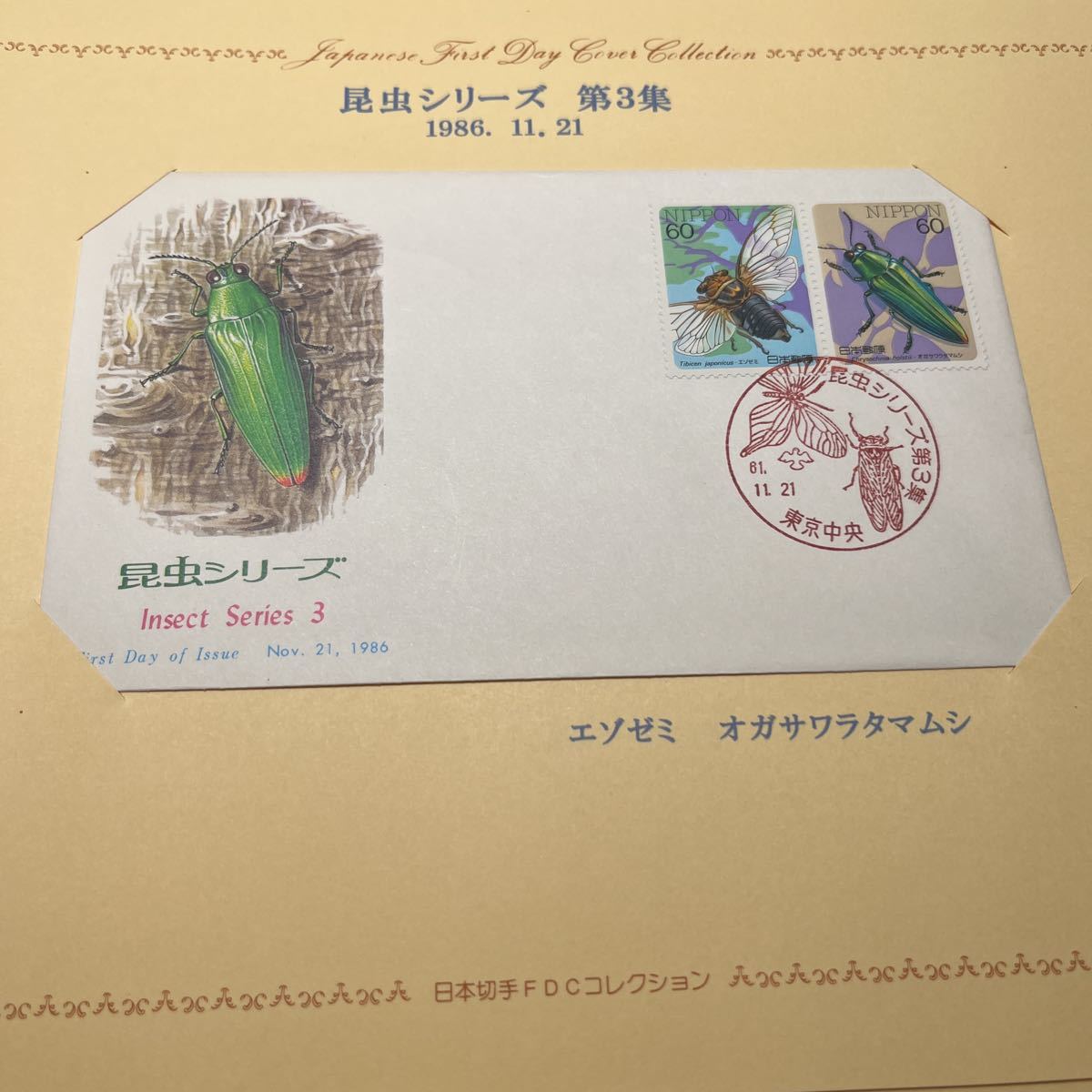 1986年 昆虫シリーズ第3集 エゾゼミ オガサワラタマムシ記念切手 昭和61年 初日カバー First day Cover送料84円 解説書付き拍卖
