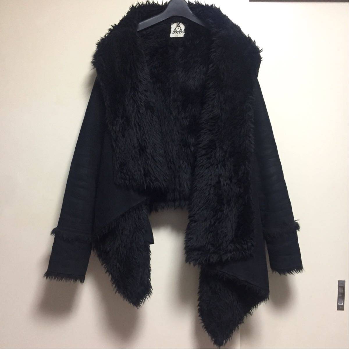 レア ☆ UNIF ムートン ボア ファー コート ジャケット ブラック オーバーサイズ ライダース ユニフ 黒 ロングスリーブ拍卖
