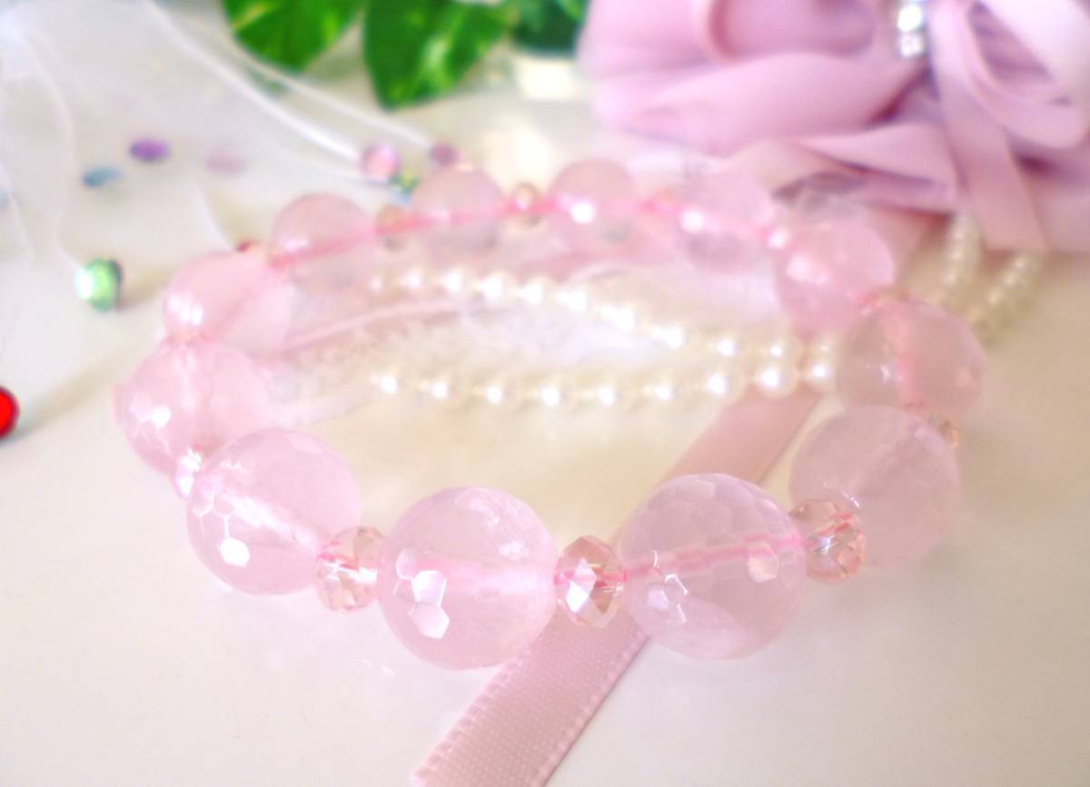 ☆愛と美の女神☆若さ☆健康☆高品質AAA☆マダガスカルローズクォーツ☆大珠12mm☆桜色ピンクボタンカットガラスビーズ☆17cm☆拍卖
