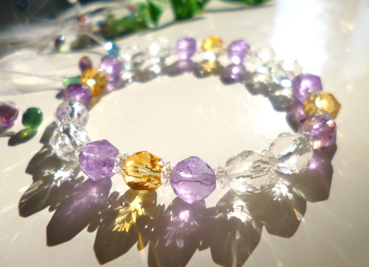 ☆幸運のキャンディ☆宝石質AAAプレミアムスターカット☆ミックスストーン☆ピンクアメジスト・シトリン・グリーンアメジスト☆17cm拍卖