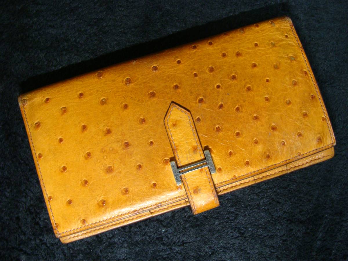 HERMES エルメス ◇ オーストリッチ レザー ベアン スフレ ウォレット 財布 ◇ 2つ折 長財布 刻印 □J ナチュラル拍卖
