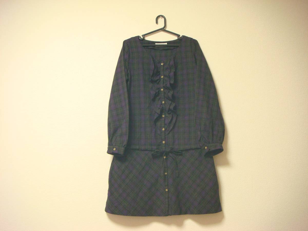アースミュージック&エコロジー チェック柄 フリルデザイン ゆったり ワンピース 紫拍卖