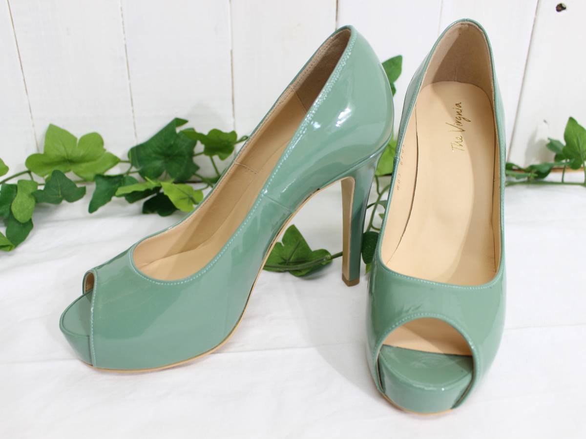新品 *The Virgnia ザ ヴァージニア*本革オープントゥパンプス 36(22.5cm)グリーン 日本製/定価25,000円*拍卖