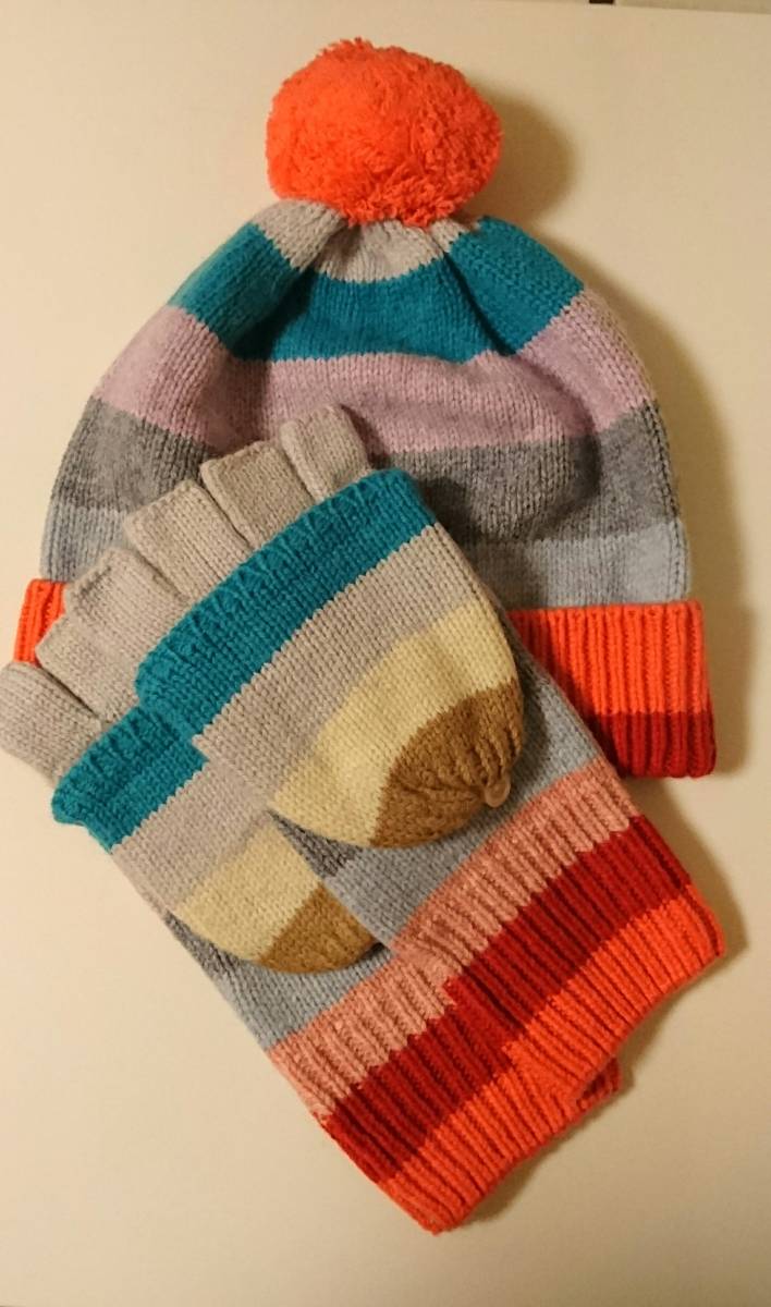 名作!GAP ニットキャップ&ミトン 2014年秋冬物 クレイジーストライプ パステル調の色彩 合計6400円位拍卖