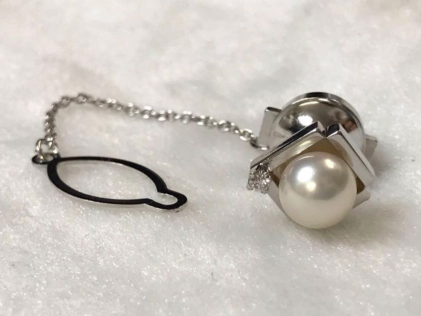 k14WG ダイヤ 真珠 7.1mm珠 タイピン 14金 パール 中古拍卖