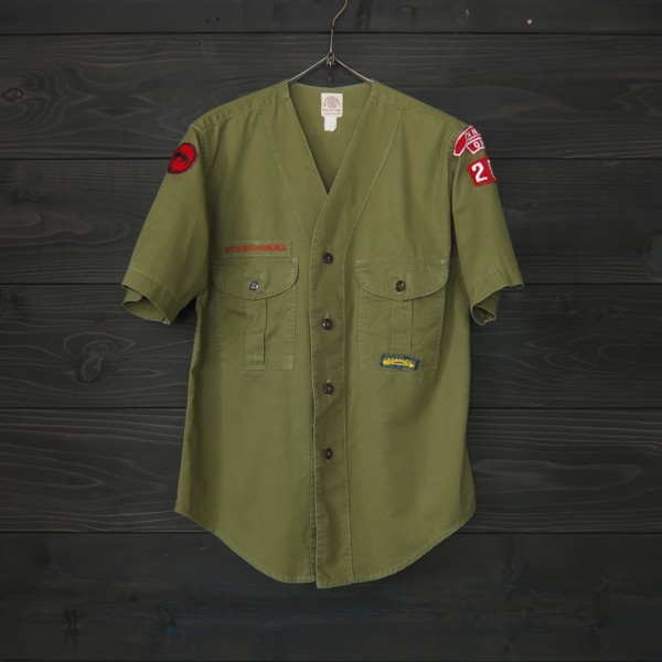 ★60's★BOY SCOUT OF AMERICA★ボーイスカウト★ショールカラーシャツ★半袖★オリーブ★Sサイズ相当拍卖