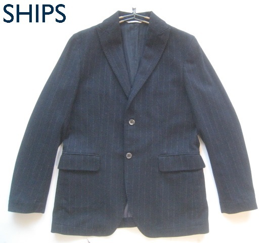 美品!!シップス SHIPS*ストライプ柄カシミヤ混紡ウール2つボタンテーラードジャケット M 紺×グレー拍卖