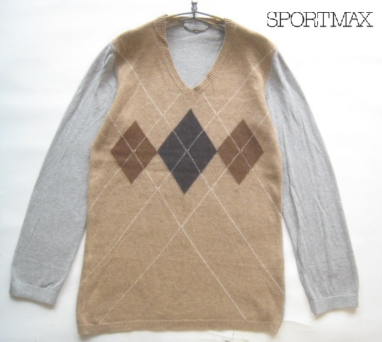 美品イタリア製!!スポーツマックス SPORTMAX*アーガイル柄 カシミヤ・アンゴラウールコットンニットセーター L ベージュ×グレー拍卖