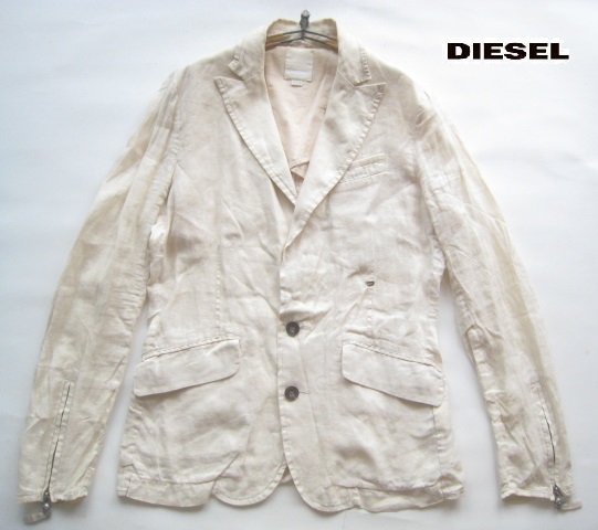 高級!!ディーゼル DIESEL*金属ロゴプレート付き 麻100% ピークドラペル リネン2つボタンジャケット M ベージュ拍卖