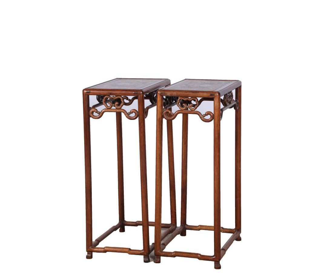 古珍木 中国・清時代 黄花梨彫填竜紋花棚一対 文房置物 木器 木彫 古置物 古美術 唐物 LT-1238拍卖