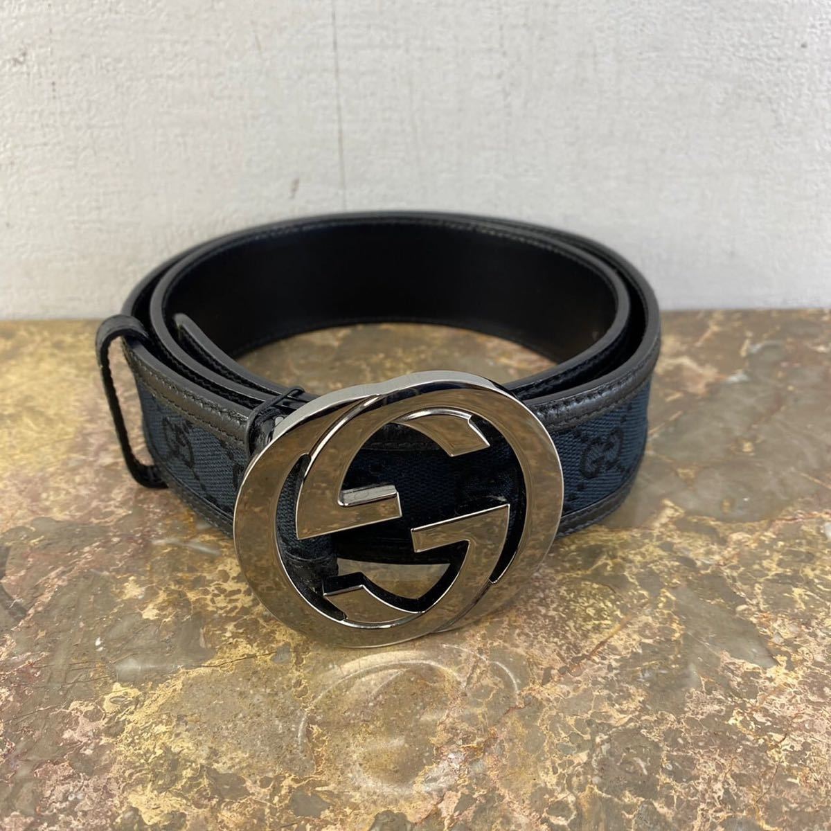 GUCCI GG PATTERNED LOGO BUCKLE LEATHER BELT/グッチインターロッキングGG柄ロゴバックルレザーベルト拍卖