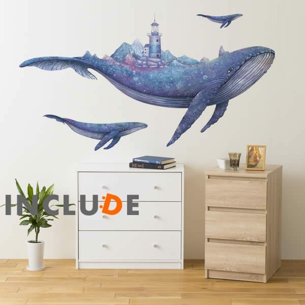 ウォールステッカー クジラ 鯨 ホエール 動物 夜空 子供部屋 魚 海 かわいい 灯台 クジラの島 メルヘン 物語 水彩風 宇宙拍卖