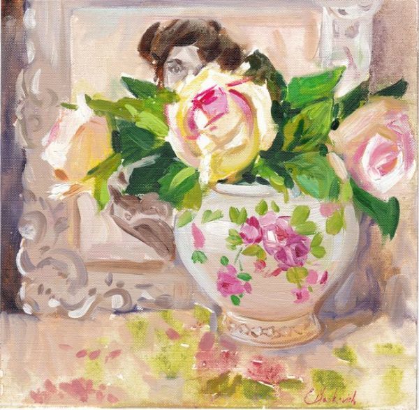 ☆油彩画 優しい雰囲気に満ちている  「花瓶の薔薇」拍卖