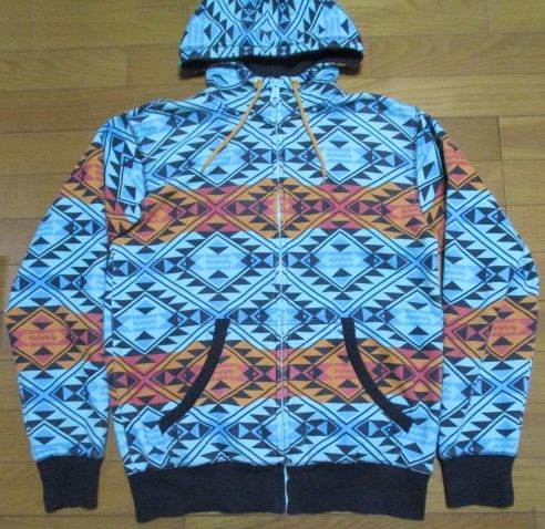 ビラボン パーカー Mサイズ BILLABONG 水色 幾何学模様 ネイティブ柄 ターコイズ 総柄 スウェット ジャケット 拍卖