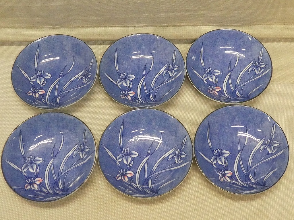 ●あやめ 菖蒲 中皿 6客 約16.5㎝ 銘々皿 和皿 浅鉢 和食器 盛鉢 居酒屋 料理屋●拍卖