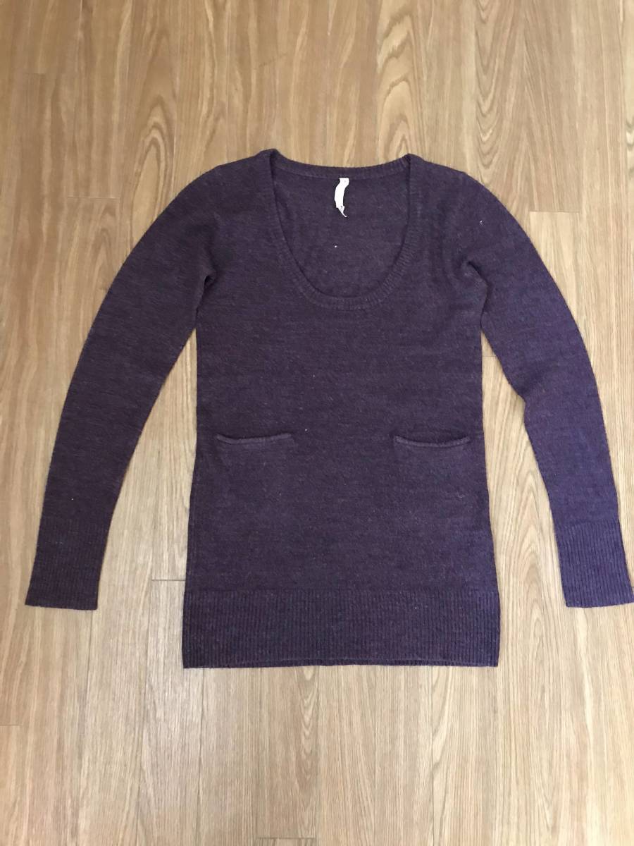 レディース ニット 濃い紫 パープル シンプル ポケットあり 袖長 サイズM アクリル拍卖
