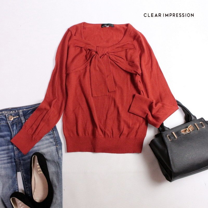 美品 クリアインプレッション CLEAR IMPRESSION ■ 秋 冬 リボン ストレッチ 毛100% ニットカットソー 3 濃いオレンジ きれい色拍卖