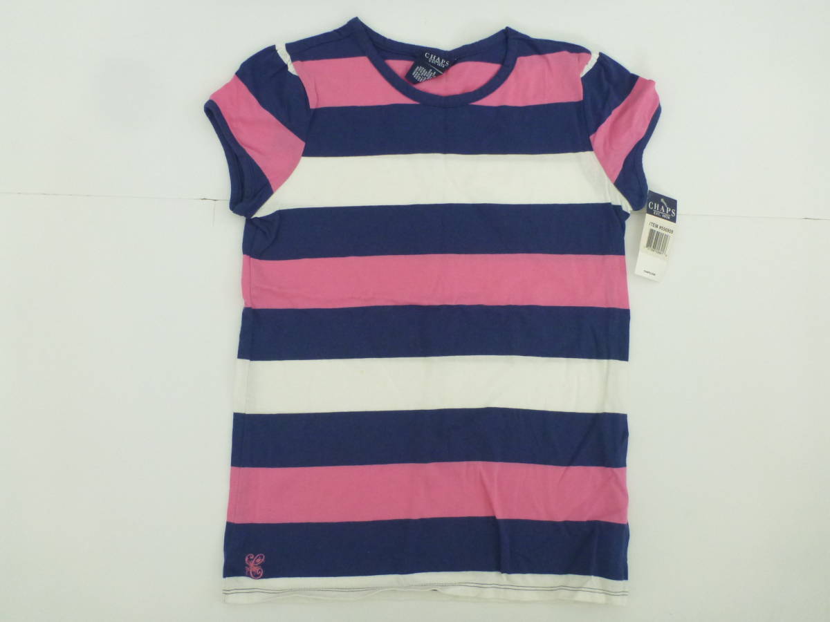 新品 CHAPS(チャップス) ★紺×白×ピンク ボーダー 半袖 パプ袖 Tシャツ L(12-14)…140~150くらい拍卖