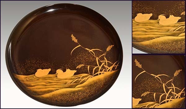 鴛鴦(おしどり)蒔絵 丸盆 干菓子盆 径26㎝ 研ぎ出し 金蒔絵 梨地 明治時代 a1571拍卖