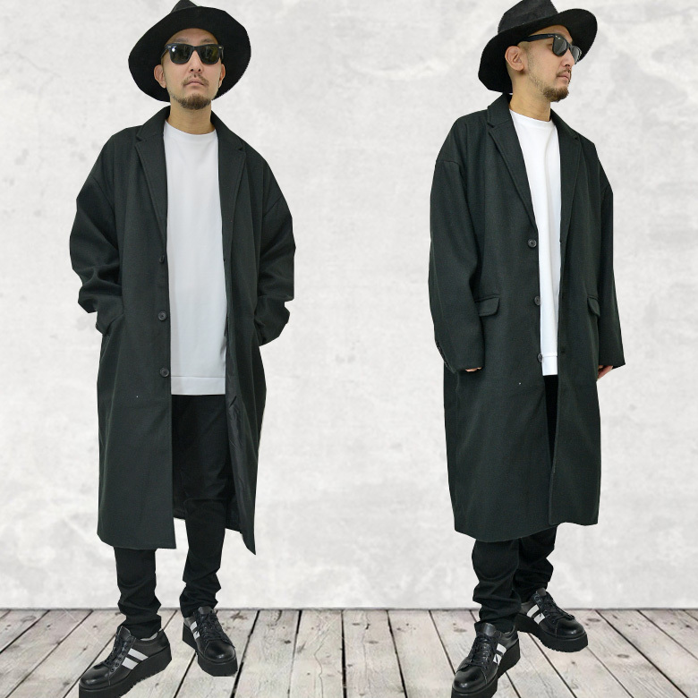 スーパーロング丈 ウールタッチチェスターコート ビックシルエット 1083l331新品ブラックM拍卖