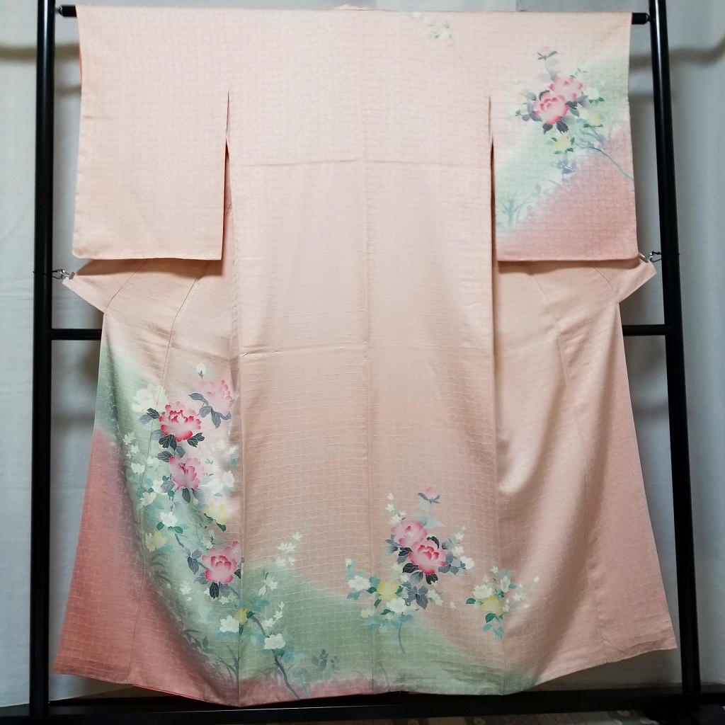 【桐徳】付下げ☆送料無料*可愛い花と流水*期間限定20%OFf{正絹*手描き染*袷*付下げ}*身丈156-裄63*ピンク色地*可愛い花と流水*№5816拍卖