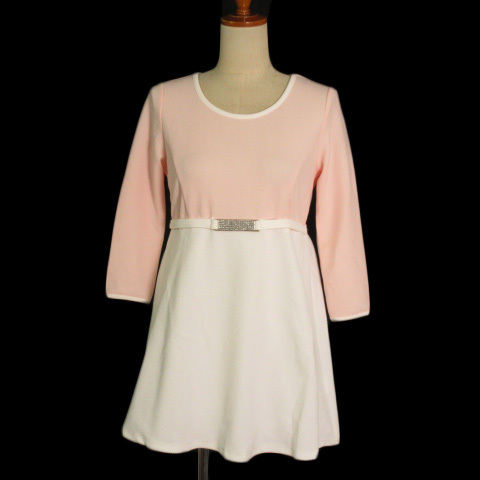 セシルマクビー CECIL McBEE ワンピース チュニック バイカラー ビジュー 七分袖 M ピンク 白 ホワイト レディース拍卖