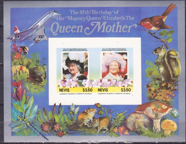 ネイビス切手『エリザベス王太后生誕85周年』2枚シート 無目打 未使用拍卖