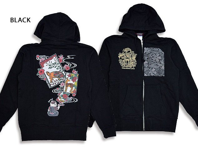 こいこい花札インクジェット裏毛ジップパーカー◆CHIGIRI ブラックMサイズ CHL53-982 ちぎり チギリ 和柄 和風 猪鹿蝶 スウェット拍卖