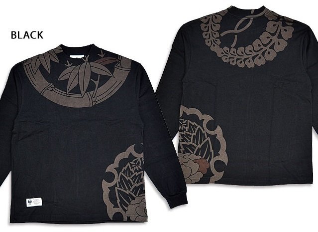 家紋のヘビーモックネックロングTシャツ◆喜人 ブラックXLサイズ KJ-22103 和柄 和風 長袖 ロンT きじん ヘビーオンス拍卖