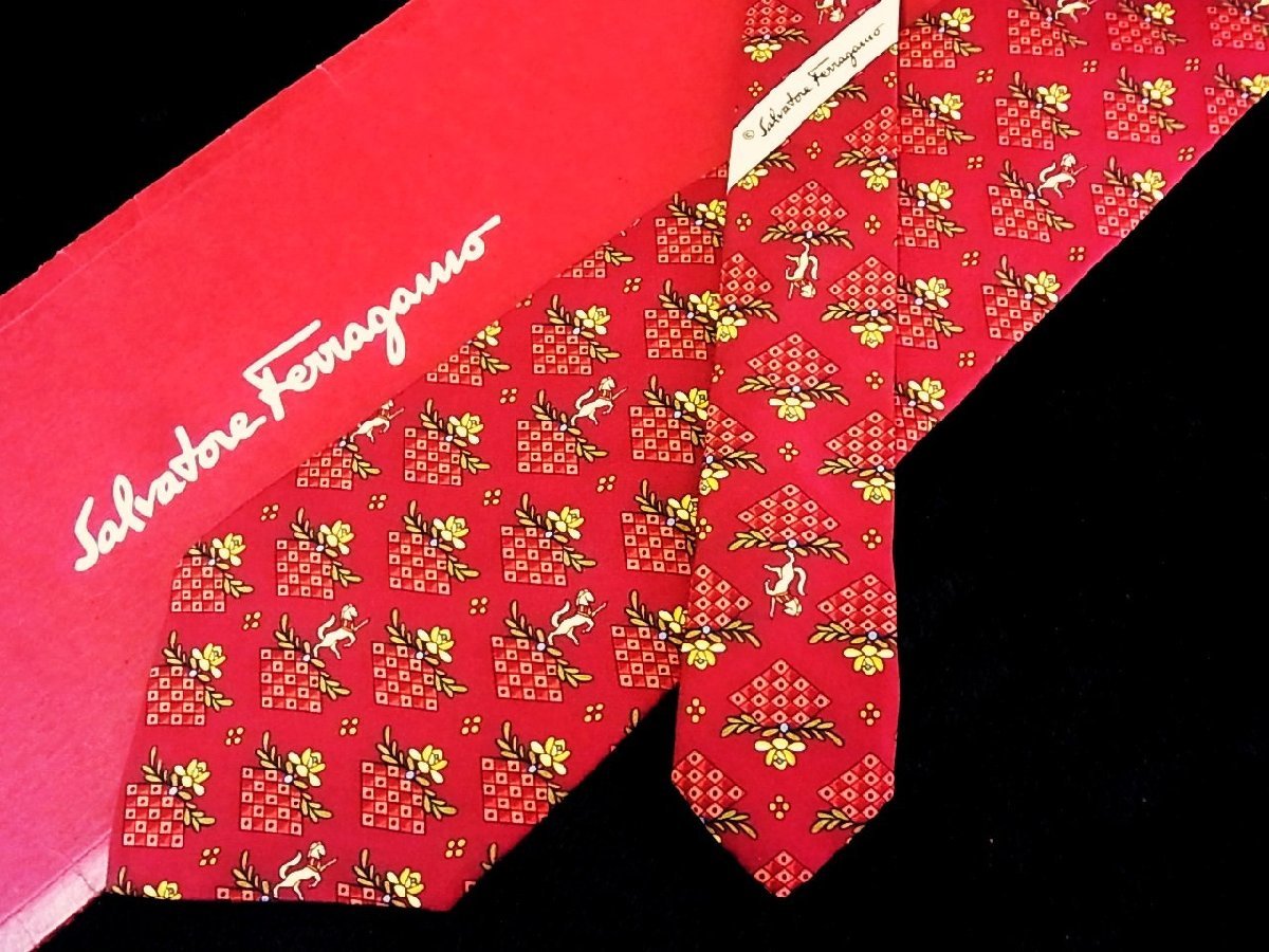 ♪今週の特売980円~♪1472♪良品【Ferragamo】フェラガモ【花 馬 動物 柄】ネクタイ♪拍卖