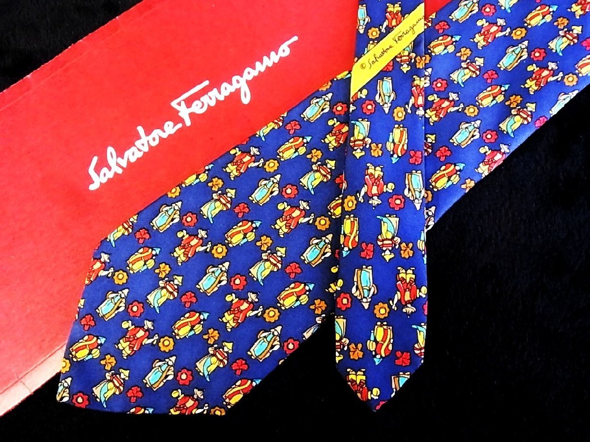 ♪今週の特売980円~♪0746W♪状態並品【Ferragamo】フェラガモ【人々 花 植物 柄】ネクタイ♪拍卖