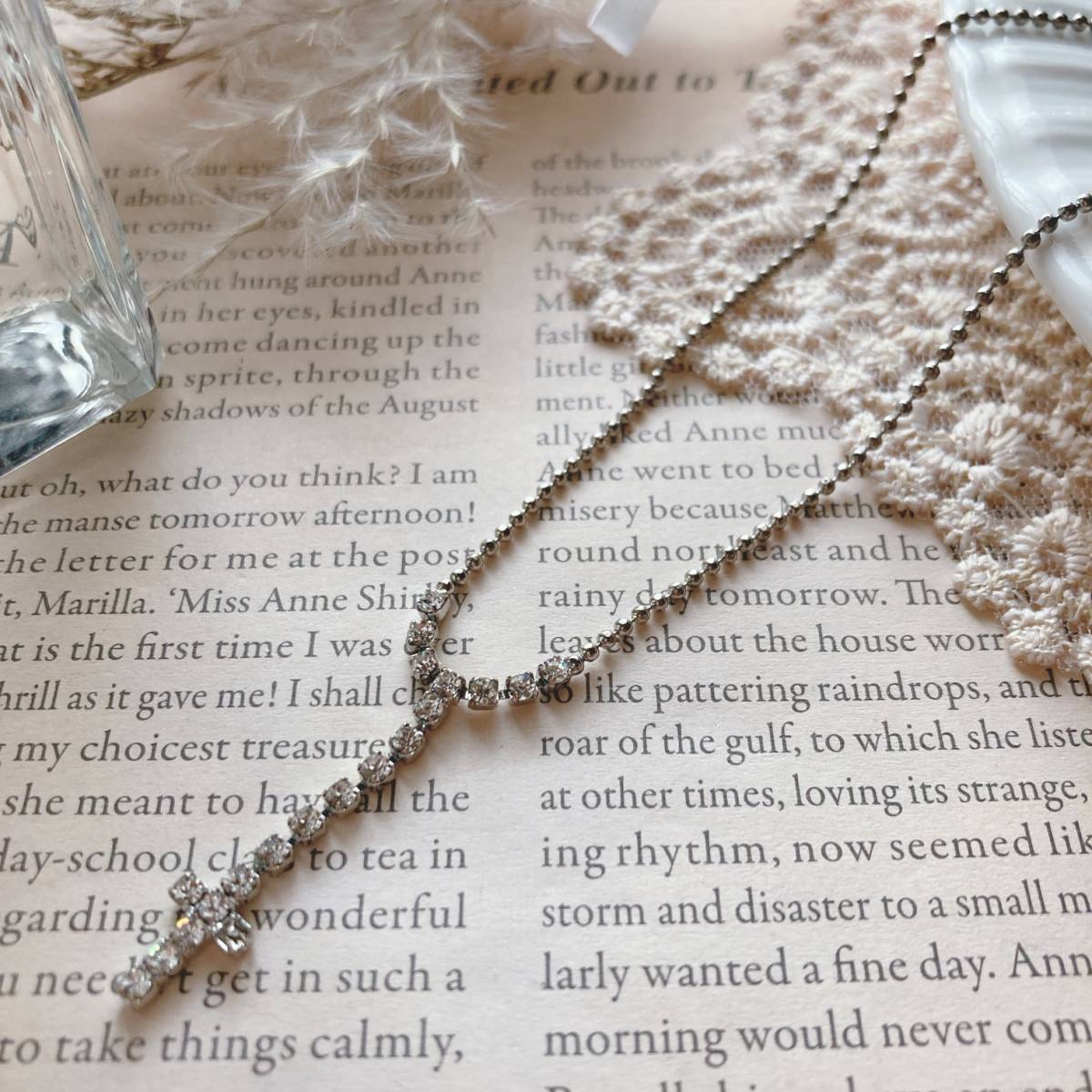 ラインストーンクロスネックレス 十字架 ボールチェーン シルバー Vintage jewelry accessories 0643拍卖