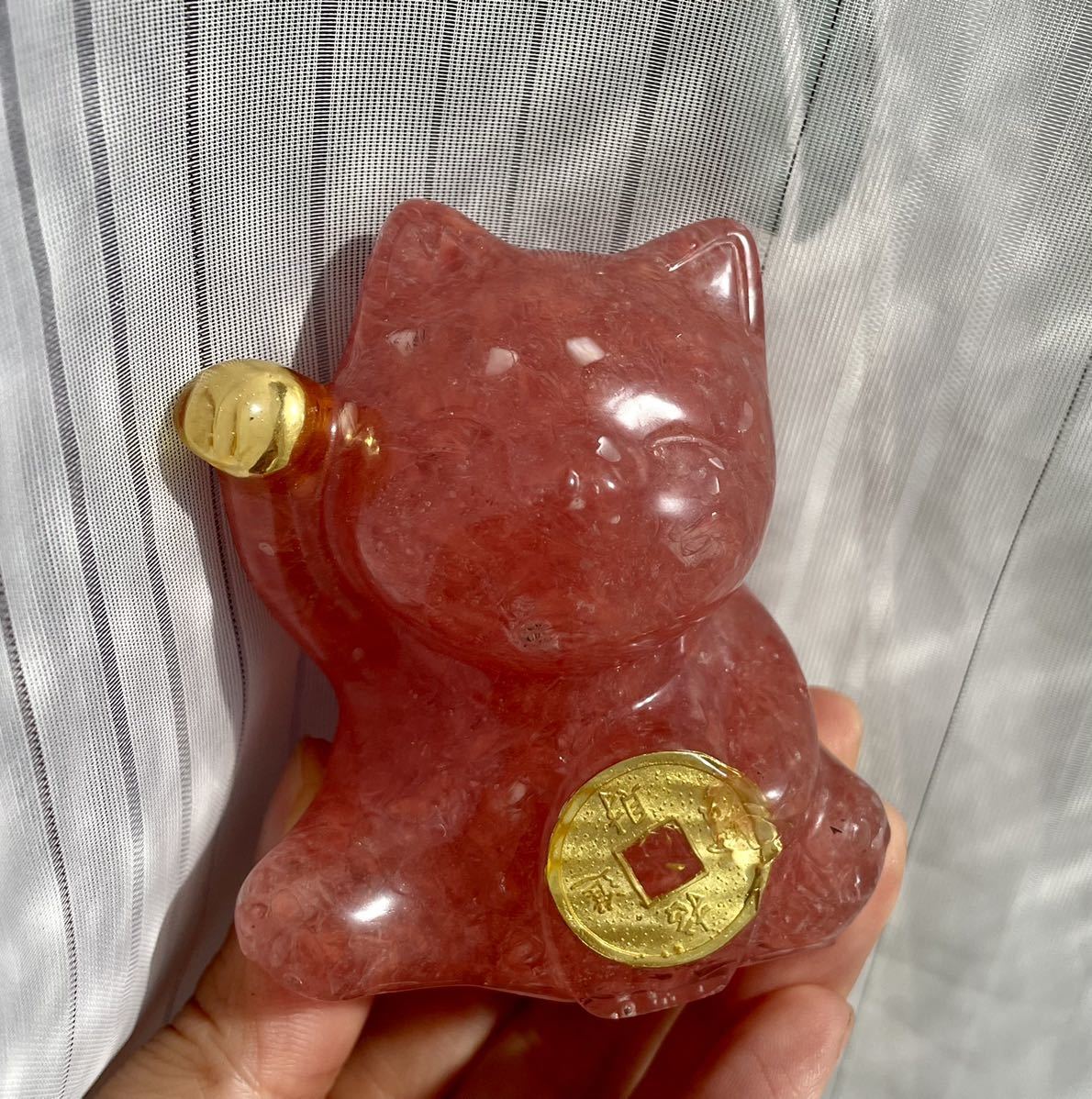 招き猫 オルゴナイト ウォーターメロンクォーツ パワーストーン ラッキー 開運 幸運 置物インテリア クリスタル 魔除 お守 風水晶 レッド拍卖